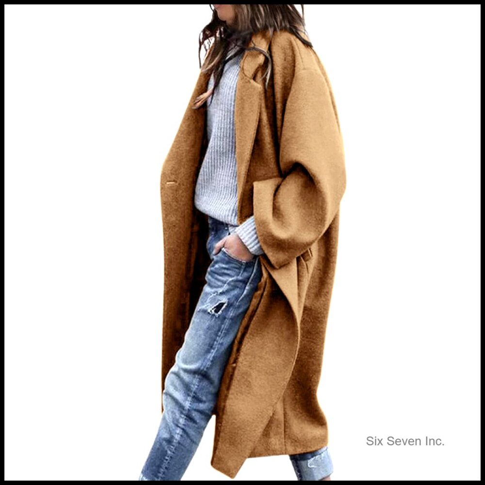 Women's Wool Pea Coat Notch Lapel Single Breasted Casual Mid Long Trench
